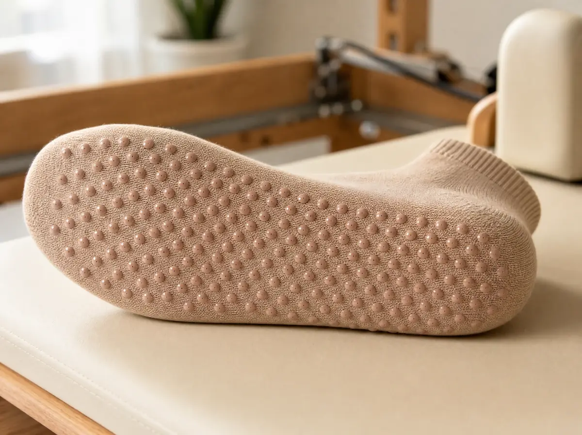The sole of a sand grip sock on a reformer carriage, covered toe to heel in small silicone dots