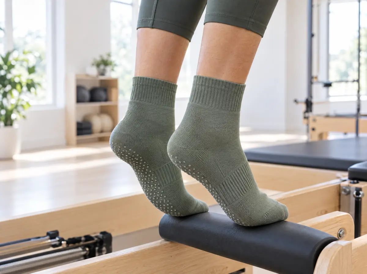 Sage grip socks on a reformer
