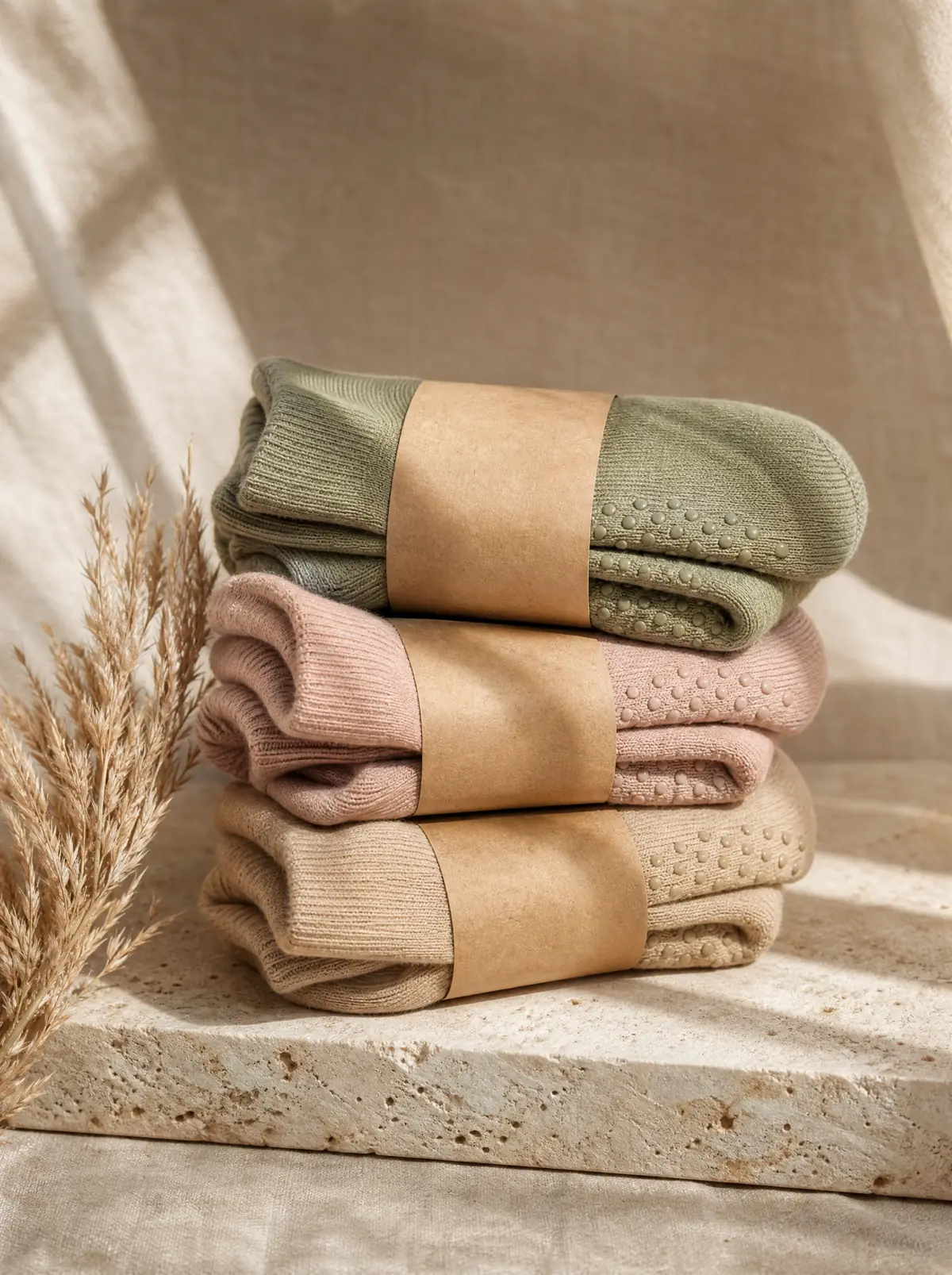 Three folded pairs wrapped in kraft bands, stacked on stone