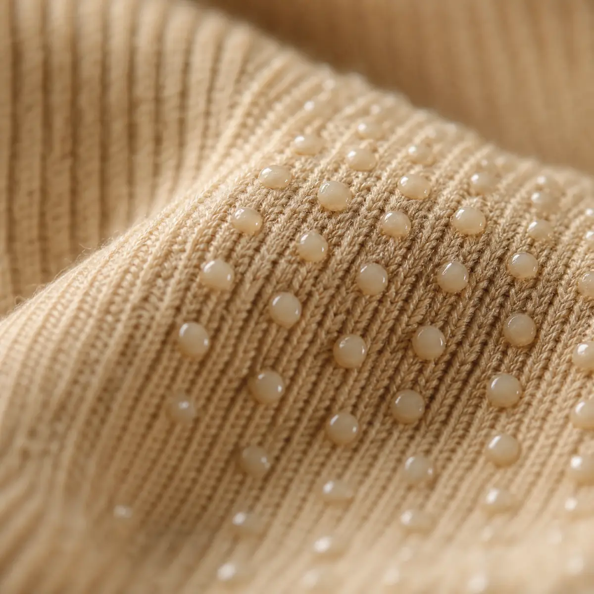 Macro of ribbed knit with raised silicone grip dots